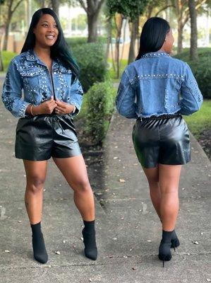 Denim Jacket & Faux Leather Shorts