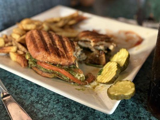 Chicken caprese sandwich with fries