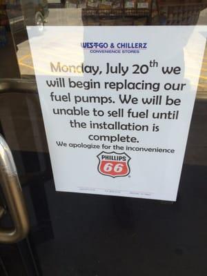 On 20th this station switches to Phillips 66. No gas sales for a few days.