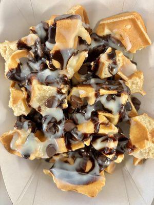 Half waffle with chocolate chips, Nutella and condensed milk