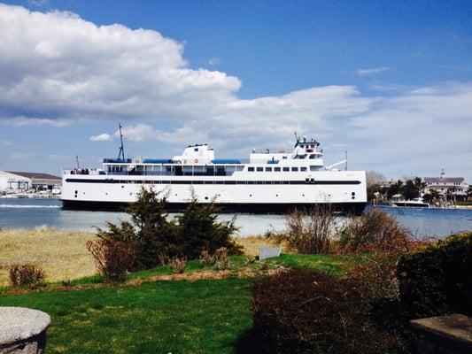 View from one of our Cape Cod Water front Weekly Vacation Rentals of Ferry arriving from Nantucket.