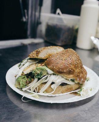 Toasty Cemita! Filled with any toppings of your choice! Chipotle, papalo leafs, sour cream, chicken cutlets, string cheese, etc!