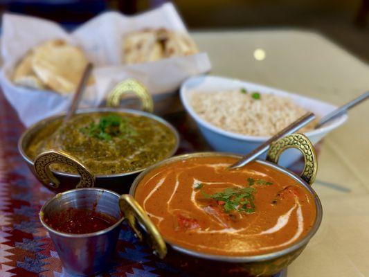 Chicken Tikka, spinach paneer, butter naan, white rice and a side of spicy chili paste