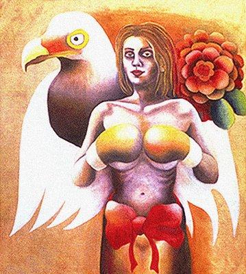 Champion. Oil on canvas. 54" x 52" 1996 This self-portrait symbolizes my femininity and inner strength. I was a ballet dancer. I do not box.