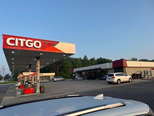 Gas pumps and convenience store.
