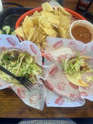 Fajita Chicken Taco, Fajita Beef Taco, Tempura Shrimp Burrito. Chips & Arbol Chile Salsa