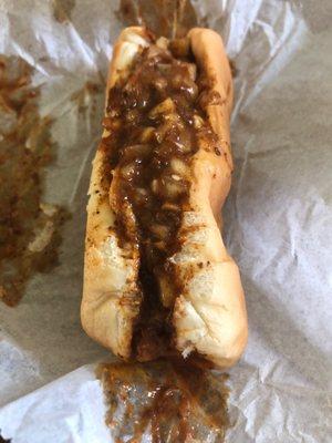 Awesome Dog. BBQ pork, coney sauce, mustard, onion.