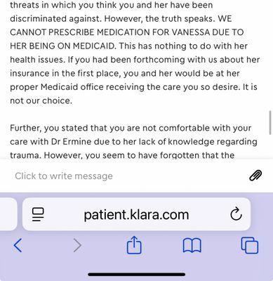 Dr. Ermines stern argument to not treat my daughter. She was referred to me for my mental health treatment but is unprofessional re daughter
