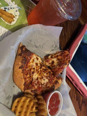 Kids cheese pizza fries and a Shirley Temple