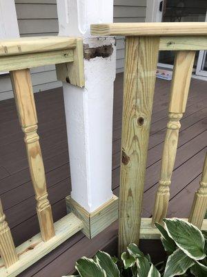 Deck railing - big gaps in the carpentry, odd that a post was installed right next to a post. Railing at different heights