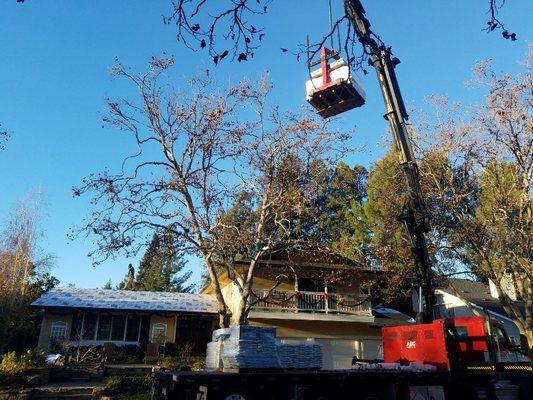 Roof material delivery at project site in Danville, CA. GAF Grand Sequoia series.