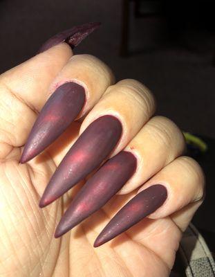 Cat Eye Gel Polish with Matte Top coat. Over sculpted extra long acrylic extensions