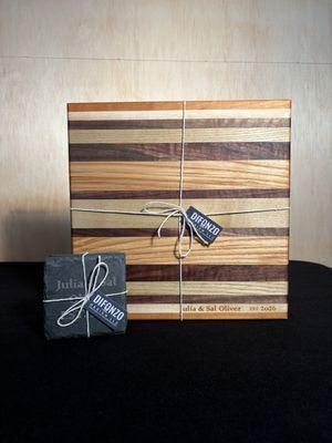 Custom laser engraved cutting board and coasters