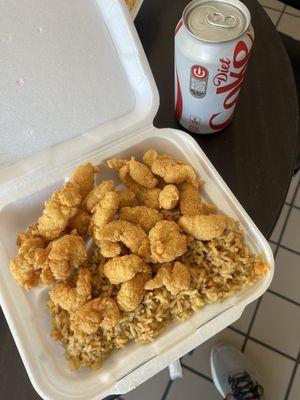 Fried Popcorn Shrimp & Popcorn Fish with shrimp fried rice plus a can soft drink Daily Special