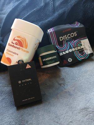 Discos , blueberry 40mg , some Mellow Fellow 3.5g smalls by Gradsroots. The Rythm remix infused pre-rolls are just what the doctor ordered