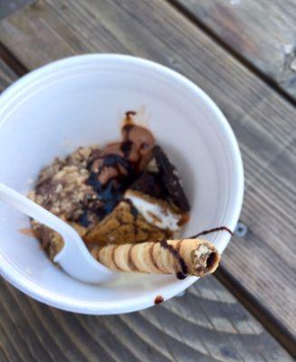 Chocolate and honey fro yo with cookie and candy toppings