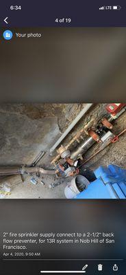 2" Fire Sprinkler Supply connect to backflow preventer for NFPA 13R, San Francisco, Nob Hill
