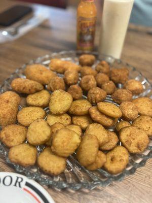 Sampler appetizer, fried pickles, fried mushrooms, and fried jalapeño poppers (yes, all fried, it's southern food)