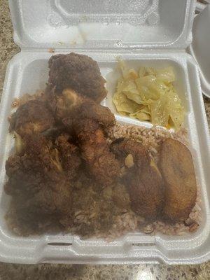 Frosted chicken with rice & peas & cabbage