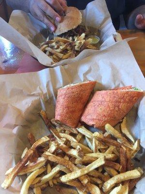 Wayne's World burger and buffalo chicken wrap.