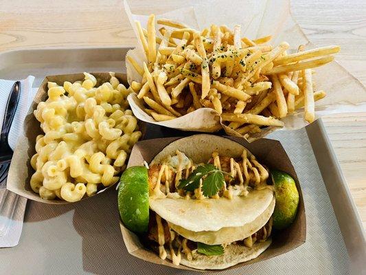 2 Famous Shrimp Tacos, Mac and Cheese, Garlic Fries