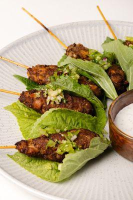 Beef Kofta Skewers with cucumber labneh.