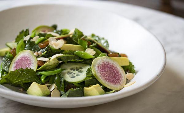 Baby Kale Salad - sugar snap peas, farro, avocado, broccolini, golden raisins, almonds