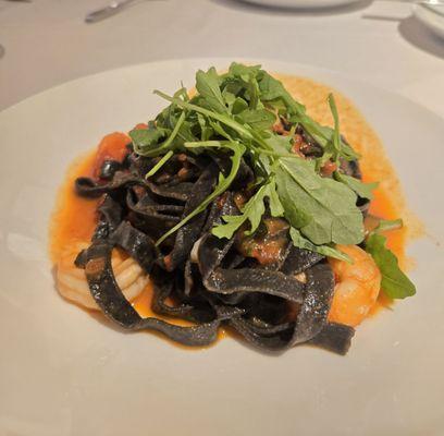 Black fettuccine with shrimp