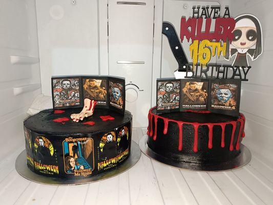 Tres leches left, ice cream cake on the right. Mike Myers themed with custom topper.