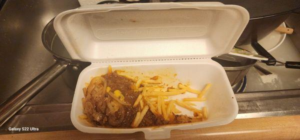 Order of chillies cheese fries no clue where the rest is why waste your money if they aren't concerned save your money go else where