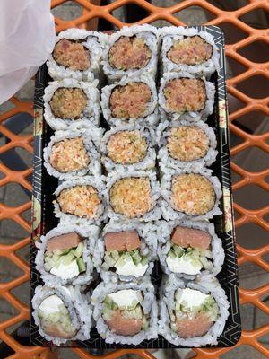 From bottom to top Philly, spicy crabmeat, and spicy tuna