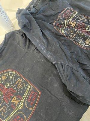 Faded Color on original shirt compared to replacement plus bleach stains on both