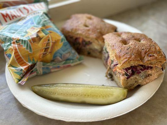 Pastrami on freshly house-made focaccia! Comes w/ Maui style chips & dill pickle spear. "The Corner Deli" sandwich shop, Kahuku Sugar Mill.
