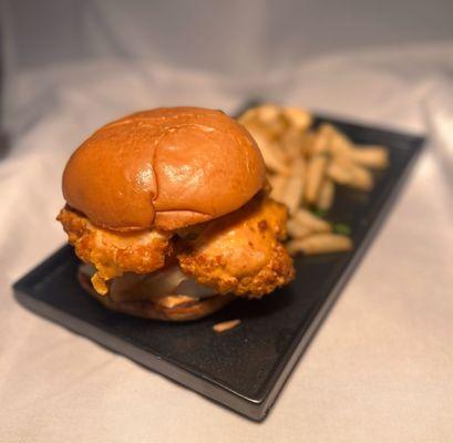 Gourmet Chicken Burger, served with Fries or Salad.