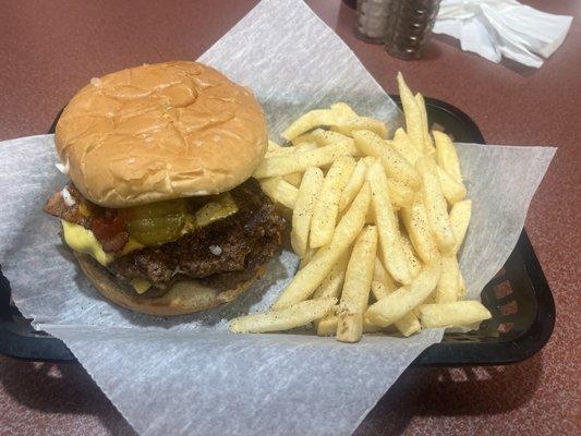 Dbl bacon cheese burger and fries