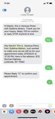 Text messages confirming my appointment with "sublime motors". Couldn't find Sublime Motors on the maps bc there is no such business.