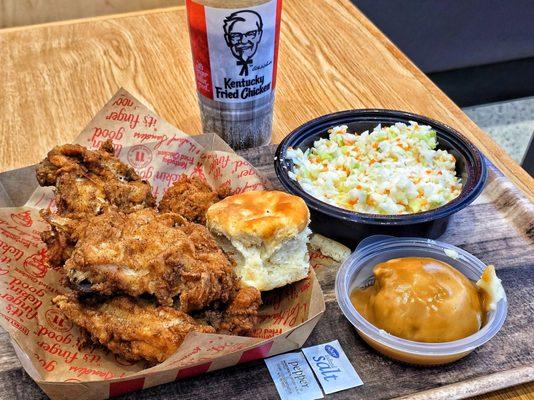 4 piece combo, biscuit, large coleslaw, mashed potatoes, Dr. Pepper with sweet cream.