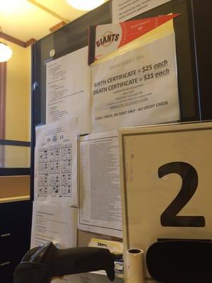 METHODS OF PAYMENT: check payable to "SF County Clerk", or debit card, or cash ("exact change" only). Don't forget your ID.