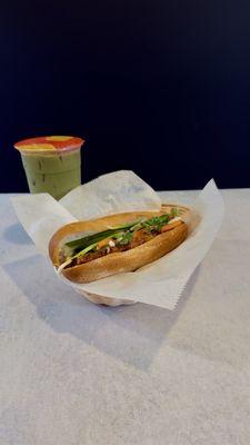 Pork bánh mì with matcha mango boba tea