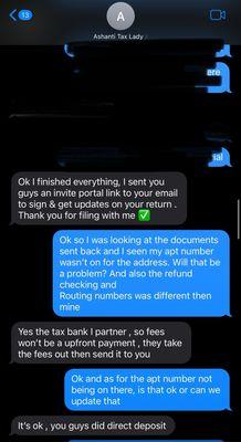 The original message of me telling her that my address was not correct and her reply