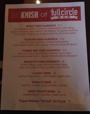 This Knish menu...pro tip: they are ALL amazing!!