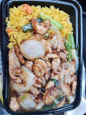 Bourbon chicken and fried rice combination plate comes with crab rangoon or egg roll. So delicious! Crab rangoon didn't make the picture