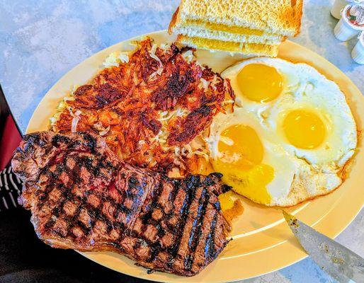 Steak and Eggs Hash Browns and Sourdough Toast