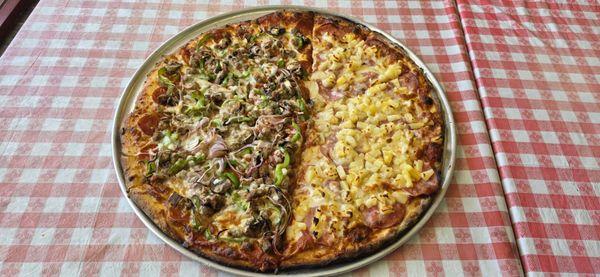 XXL 20 Inch Half Half Works and Hawaiian Pizza