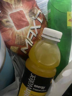 Smart water - Tropical (it has caffeine), Buffalo wild wings Max'd and Lime Topo