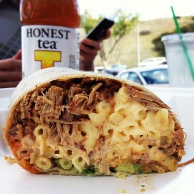 Sometimes you need to get creative. Mac-n-cheese Carnitas Burrito Special.