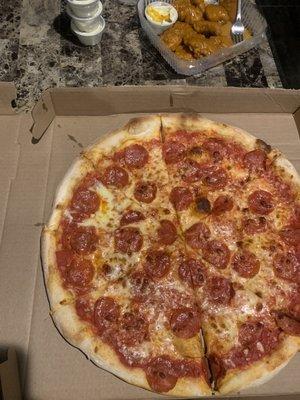 Pepperoni pizza, honey GOLD wings and the best bleu cheese ever!