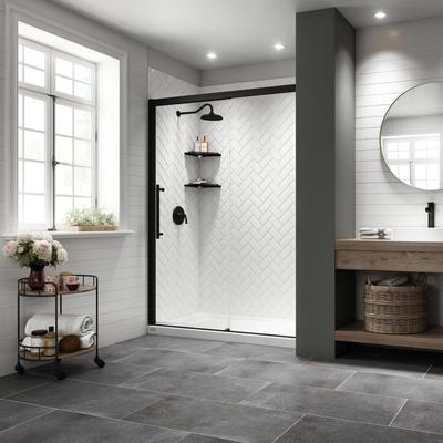 Walk-in shower in style "Herringbone." Ask one of our design consultants about customizing your bathroom with our various styles.
