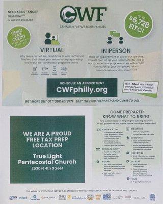 Proud Free Tax Prep Location. Jesus loves you. Praise the Lord. Bilingual.