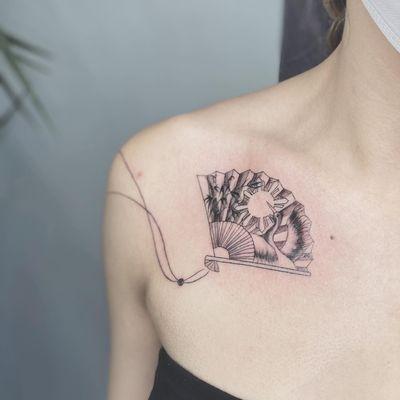 Chinese fan, Filipino sun with crane and bamboo